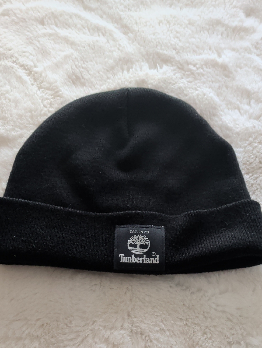 Timberland Black Knit Cuffed Beanie with Logo Patch